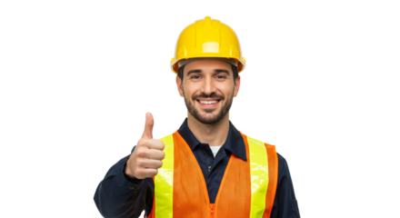 Portrait of construction worker wearing yellow construction helmet and orange reflective safety vest, smiling and giving a thumb-up, isolated on transparent background, cut out png
