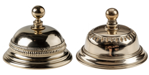Pair Of Polished Brass Bells With Ornate Bases On Transparent Background
