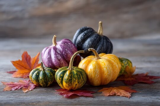 Colorful pumpkins and autumn leaves on a wooden surface.