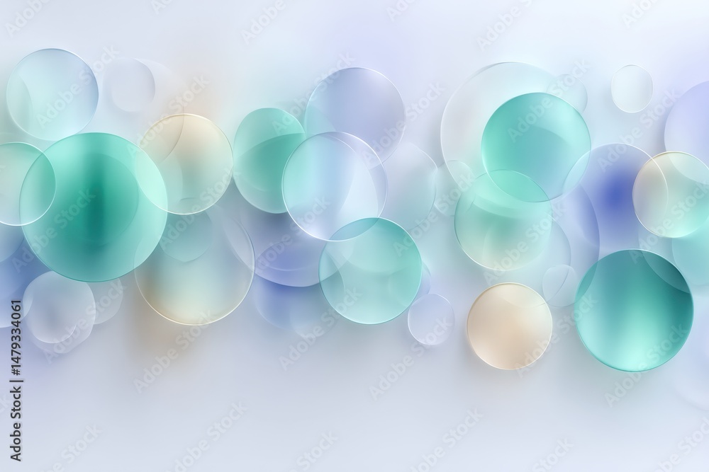 Poster low contrast geometric pattern with overlapping circles in soft cool blues and mint tones, light mod