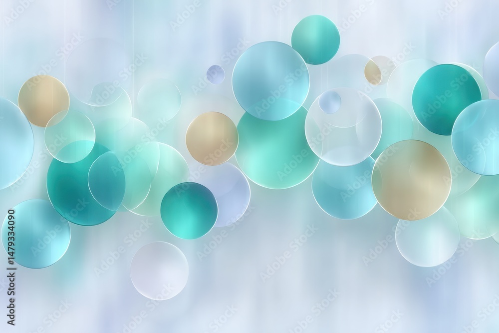 Poster low contrast geometric pattern with overlapping circles in soft cool blues and mint tones, light mod
