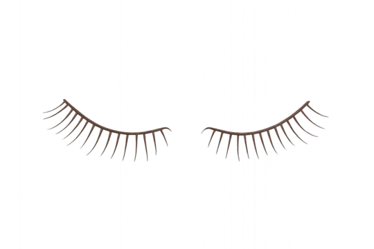 Pair of long, wispy eyelashes with a gentle curl, set against a crisp white backdrop. Isolated on transparent background.