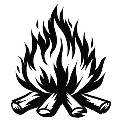 Monochrome campfire with flames and logs for camping outdoors bonfire element