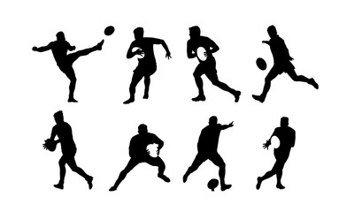 Rugby, group of rugby players, set of isolated vector silhouettes. Team sports athletes