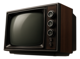 Vintage television set with a classic design featuring a wooden frame and manual control dials on transparent background.