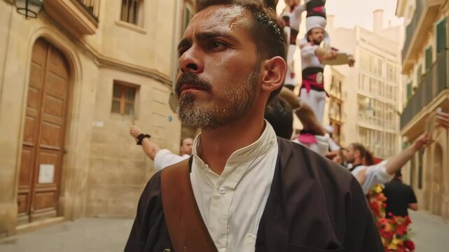 Spanish Man Carries Another Man on His Shoulders During a Traditional Human Tower Event in Spain