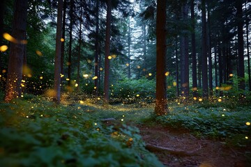 Fototapeta premium A forest at night with fireflies flying around. The fireflies are glowing in the dark, creating a magical and serene atmosphere. The forest is filled with trees