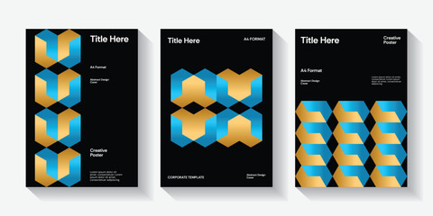 Corporate report cover. Isometric abstract illustration design layout bundle. Business presentation vector A4 vertical orientation front page mock up set. Company identity brochure 