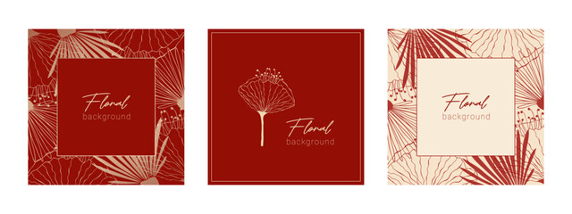 Elegant red floral set posters with hand drawn golden floral pattern. Floral frame, template for posts, wedding invitations, greeting cards, packaging, branding, design. Vector illustration © MarhaRyta