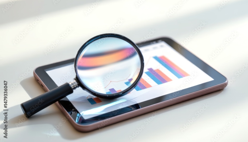 Poster tablet with magnifying glass analyzing data charts.