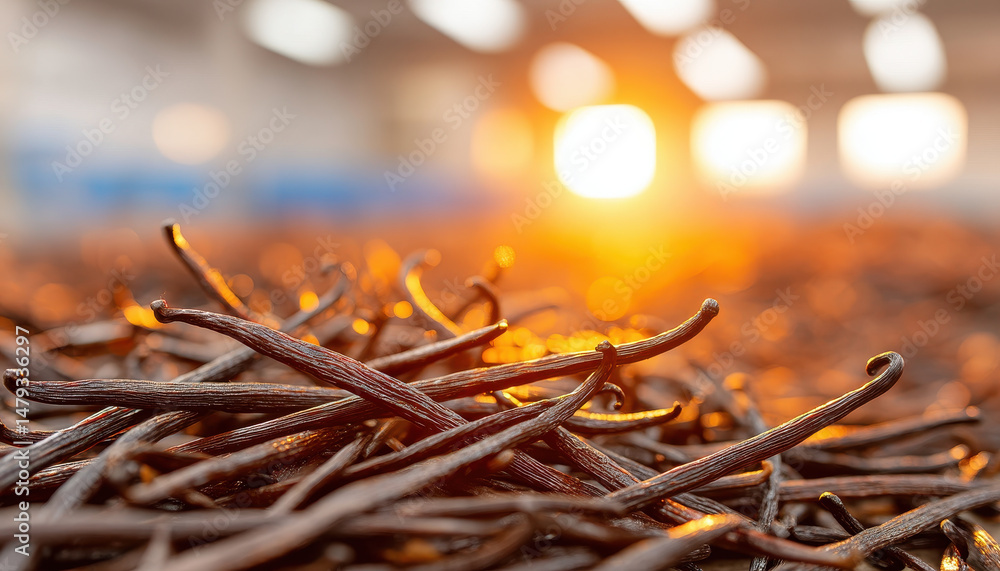 Poster rich vanilla beans are arranged in warm, sunlit setting, showcasing their texture and color during s