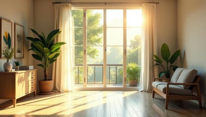 Fototapeta premium Sunlight streams through a large window into a bright, airy room , simple, residential, light