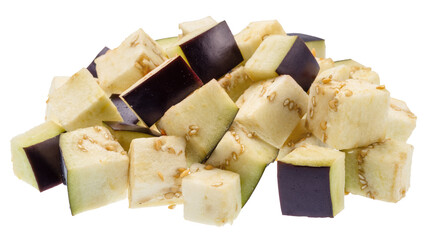 Fresh purple aubergine or eggplant cubes isolated on white background. File contains clipping path.