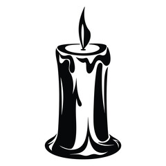 Single black vector image of a wax candle with flame burning
