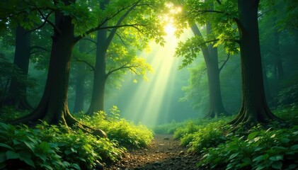 Obraz premium Untamed wilderness, lush green forest canopy, sunlight dappling through leaves , natural, flora