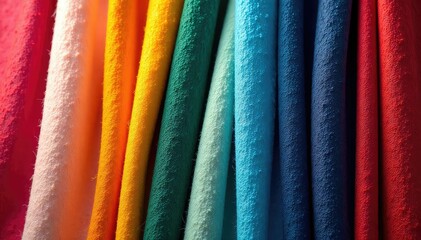 Vibrant fabric swatches in a rainbow of colors, showcasing diverse textures and patterns , thread, vibrant, pattern