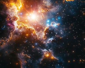 Fototapeta premium Weightless intergalactic dreamscape featuring floating neon-tinted gas clouds and surreal starburst formations