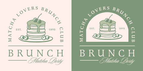 Matcha brunch club pancakes lovers party Japanese theme breakfast green tea flavor logo girls squad shirt design. Fancy kawaii retro vintage aesthetic drawing illustration funny sticker poster print.