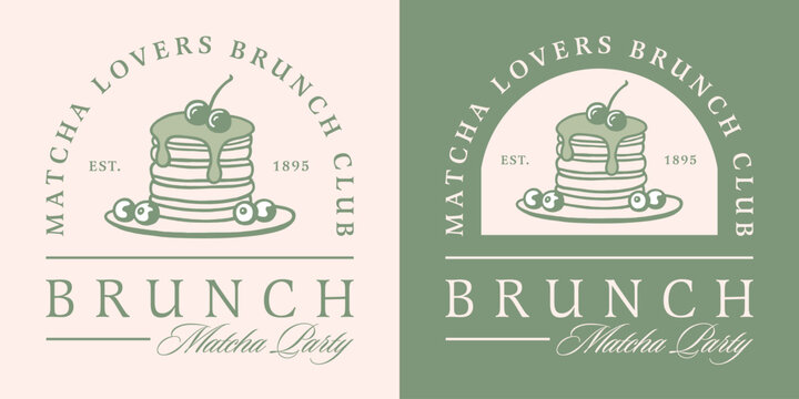 Matcha brunch club pancakes lovers party Japanese theme breakfast green tea flavor logo girls squad shirt design. Fancy kawaii retro vintage aesthetic drawing illustration funny sticker poster print.