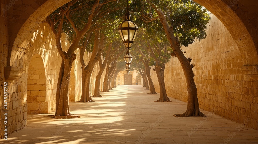 Poster sunlight-drenched walkway lined with ancient trees beneath arches.