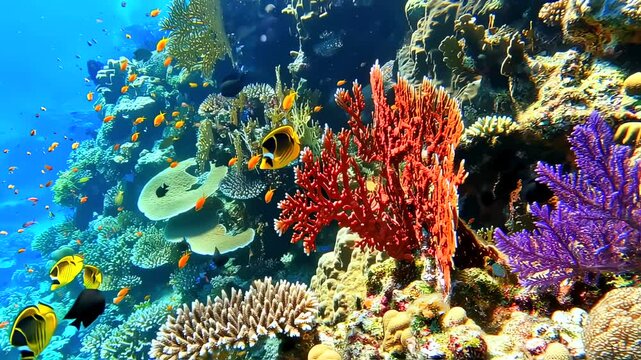 Tropical orange yellow fish darting above vibrant coral reef, illuminating crystal blue waters of Red Sea marine ecosystem