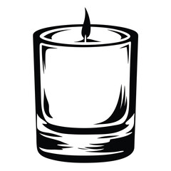 Stylized black and white illustration of a lit candle in a glass holder