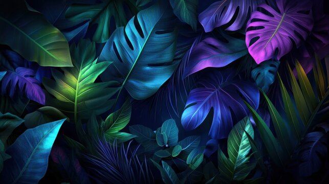 Vibrant tropical foliage with large colorful leaves in deep blue purple green and teal hues creating a lush jungle scene with exotic plant details and dramatic lighting