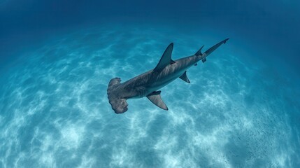 Fototapeta premium Hammerhead shark swimming in deep blue ocean water.