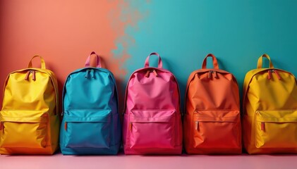 Colorful backpacks neatly arranged for donation , volunteering, new