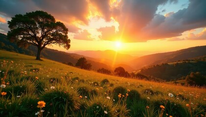 Warm sunrise over a peaceful landscape, conveying best wishes and a positive start , beautiful, sunrise, cheerful