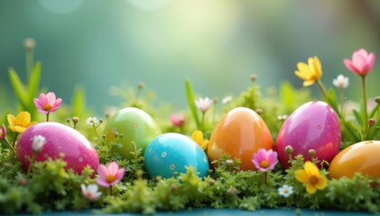 Fototapeta premium Colorful Easter eggs hidden in festive spring decorations, ready for a celebratory hunt , easter eggs hunt, spring decorations, bunny