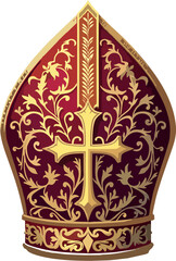 Ornate Vector Illustration of Papal Mitre with Gold Embossed Cross and Baroque Floral Patterns on Burgundy Background – Catholic Bishop Hat Clipart