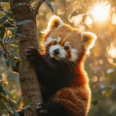 Fototapeta premium Adorable red panda clinging to tree trunk, bathed in golden sunlight