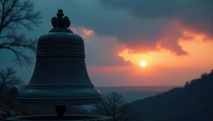 Dark, textured bell silhouette against moody sky, shadow, blue, textured background