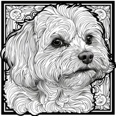 Detailed Line Art Portrait of a Dog with Floral Border