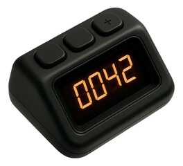 Black digital timer with orange LED display reading "0042" and three buttons on top for control on transparent background.