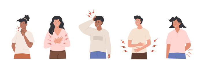 Diverse group of people experiencing various types of pain and discomfort with pained expressions. Throat pain, chest and back pain, headache, stomach ache. Flat Vector Illustration isolated on white.