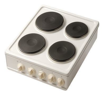 Classic white electric cooktop with four black burners and control knobs on transparent background.