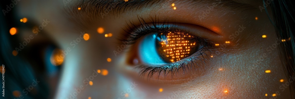 Poster close-up of a girl s eye with futuristic binary code and glittering particles overlay.