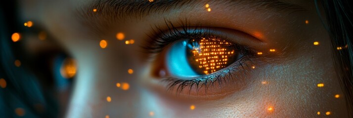 Close-up of a Girl s Eye with Futuristic Binary Code and Glittering Particles Overlay.