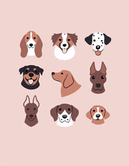 Large Dog Breeds Faces collection. Vector illustration of funny cartoon different breeds dogs in trendy flat style. Isolated on light pink background.