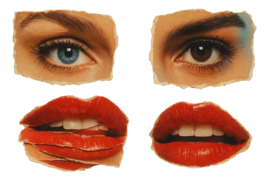 Collage of two realistic eyes and two sets of red lips, cut out from paper showing expressions on transparent background.