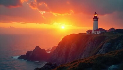 Golden hour sunrise, lighthouse beam cutting through mist, travel, power