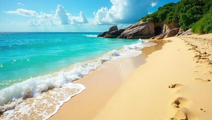 Golden sand meets turquoise water, idyllic coastal scene, sand, ocean view, coastal