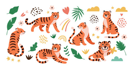 Cartoon tigers collection. Vector illustration of cute red tigers in different actions, surrounded by abstract shapes, plant leaves and flowers. Isolated on white