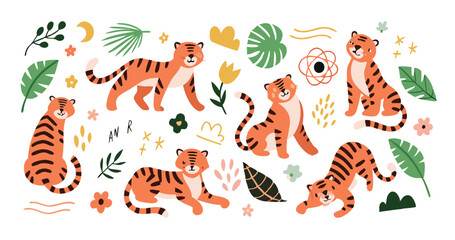 Cartoon tigers collection. Vector illustration of cute red tigers in different actions, surrounded by abstract shapes, plant leaves and flowers. Isolated on white