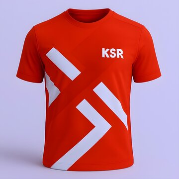 This image shows a red short-sleeve shirt with a round neck and bold white geometric stripes forming angular patterns across the front. The letters "KSR" are printed in white on the left chest area. 
