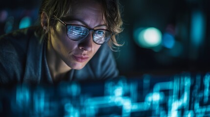 Tech professional analyzing data with holographic interface, symbolizing innovation in digital workspaces
