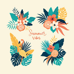 Summer vibes collection. Vector illustration of four bright compositions with tropical leaves, fruits and birds. Isolated on background