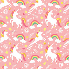 Unicorn pattern. Vector seamless pattern with white unicorns, rainbow and stars. Isolated on a pink background.